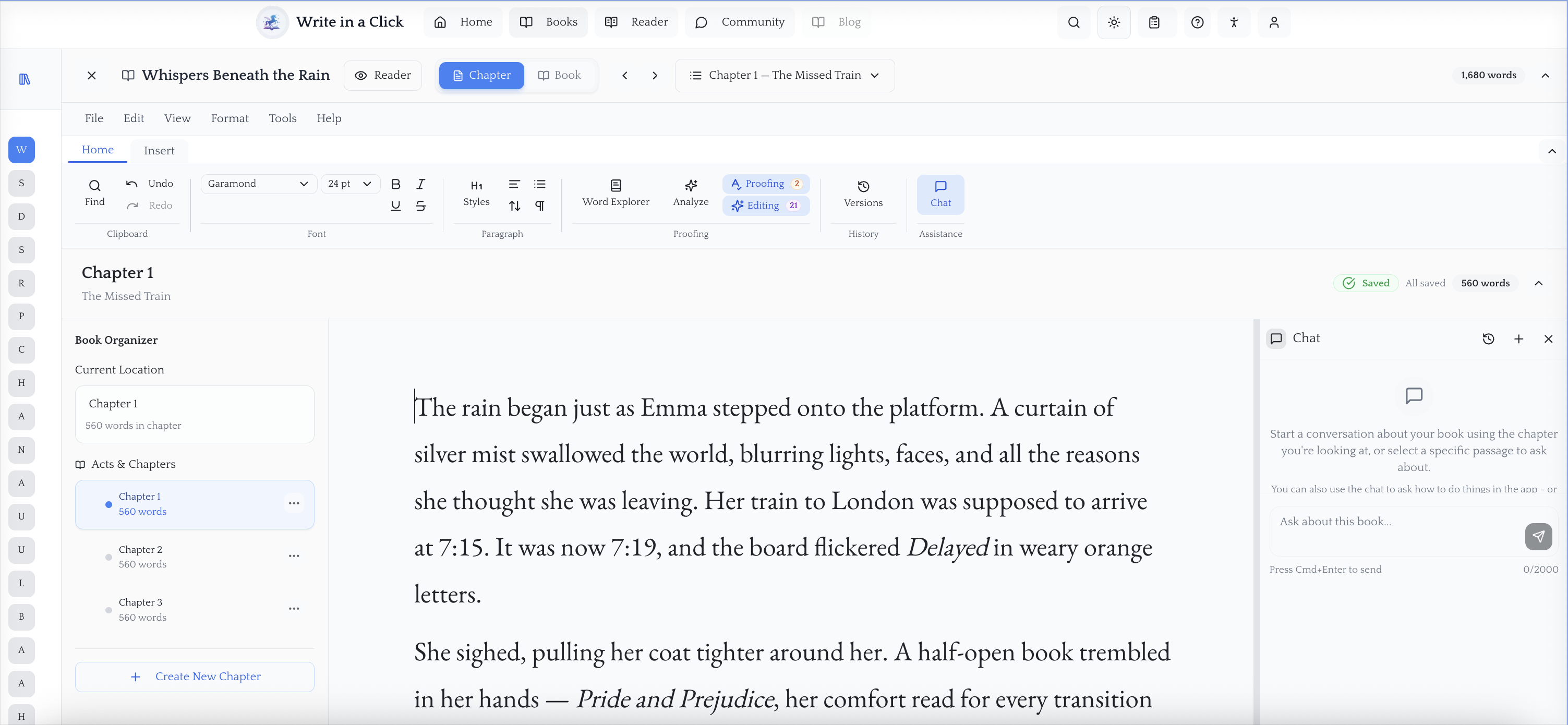 Write in a Click interface showing chapter organization with 'Whispers Beneath the Rain' novel in progress